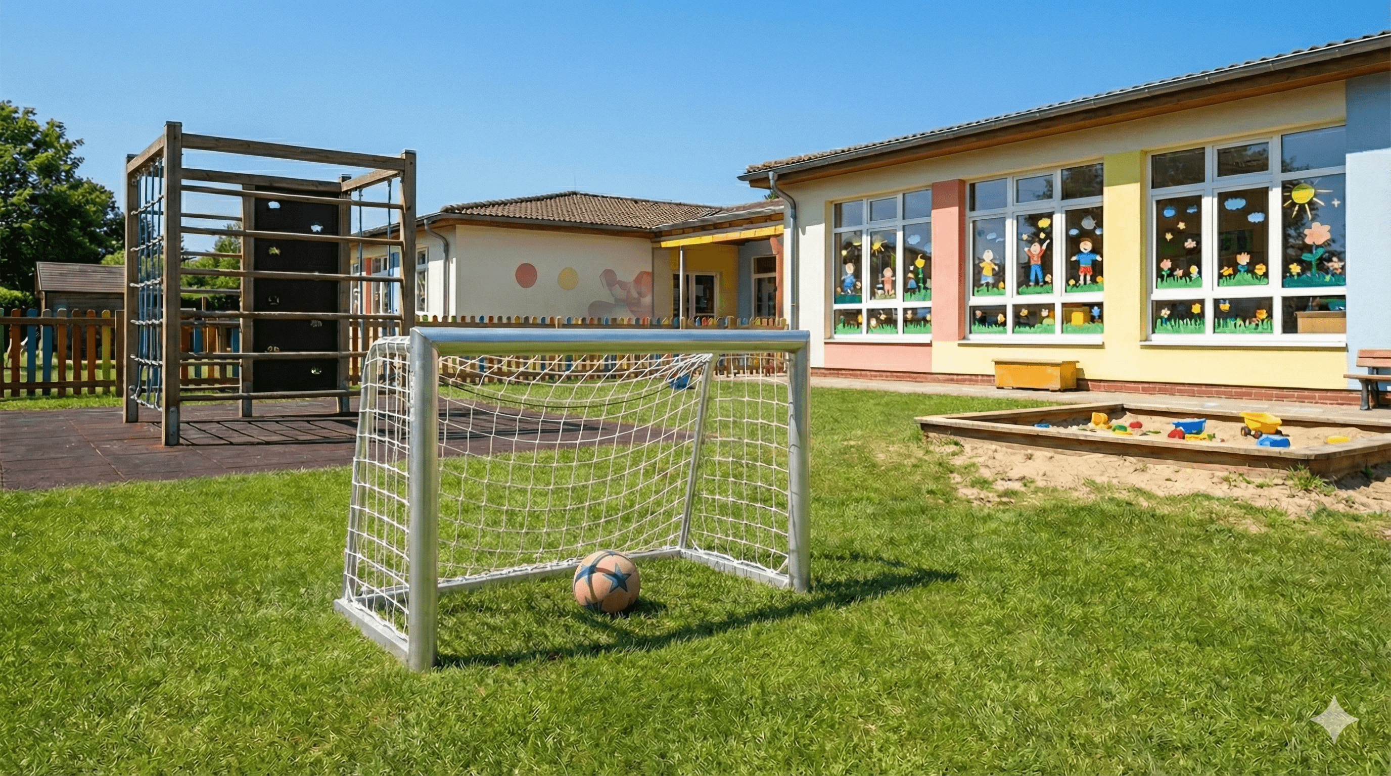 Fußballtor für Kindergarten mit Kindern im Hintergrund