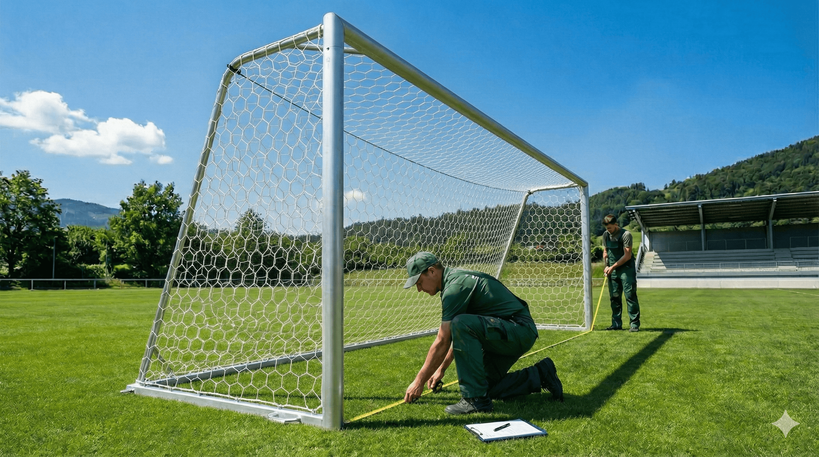 Fußballtor mit Maßband zur Darstellung der offiziellen Maße